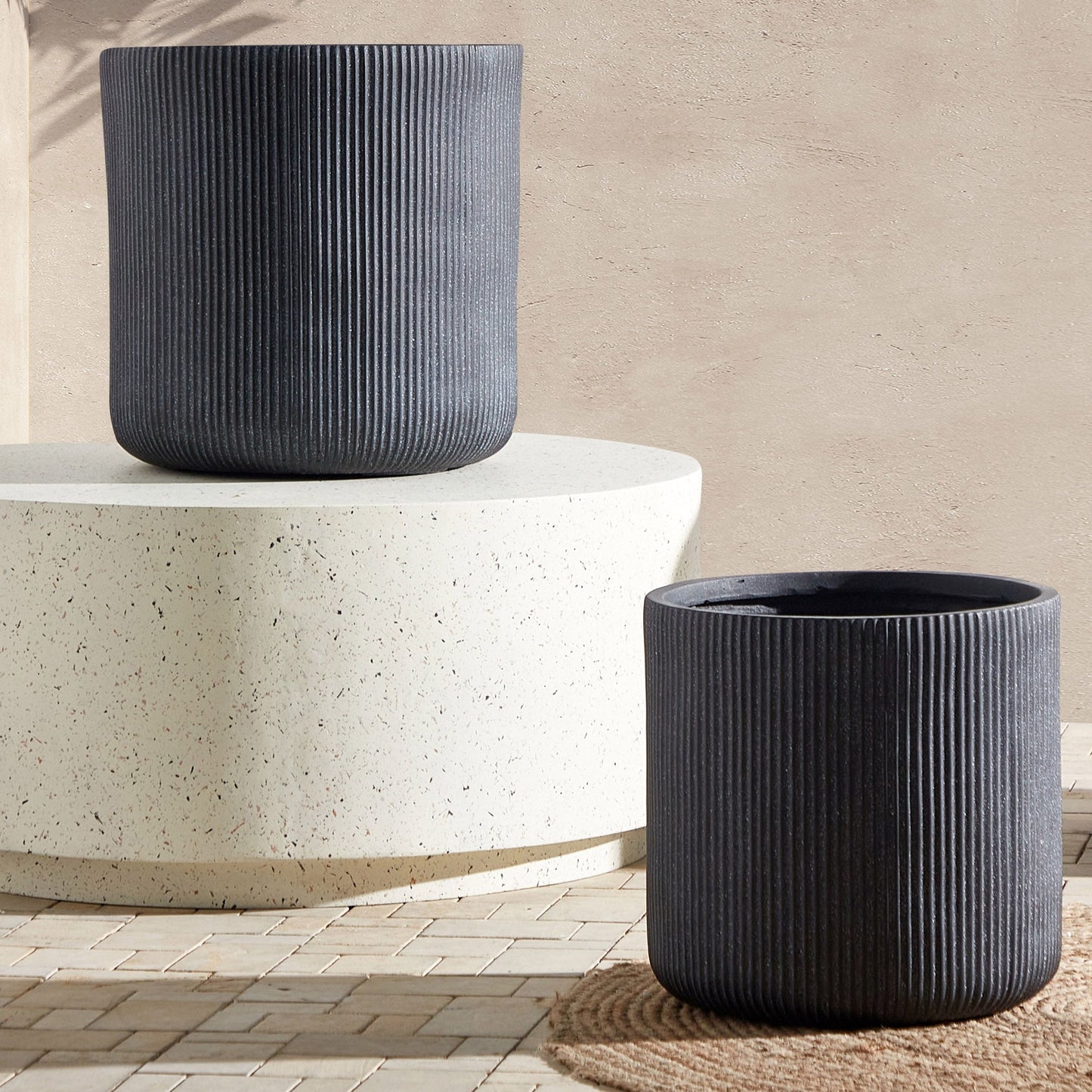 Graphite Grey Pot 37cm Ribbed Clay Fibre UV Resistant