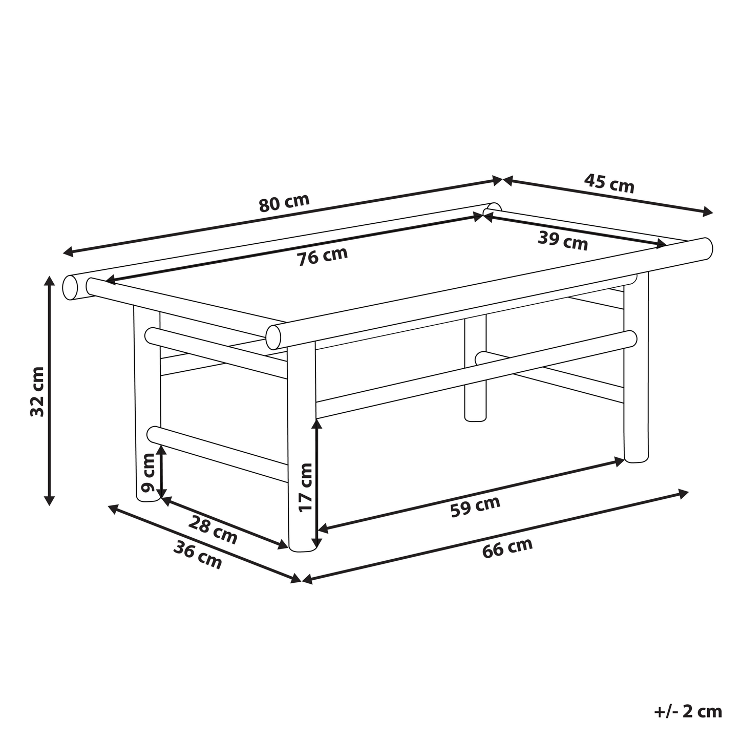 Bamboo Coffee Table 80 x 45cm Rustic Light Wood Indoor Outdoor