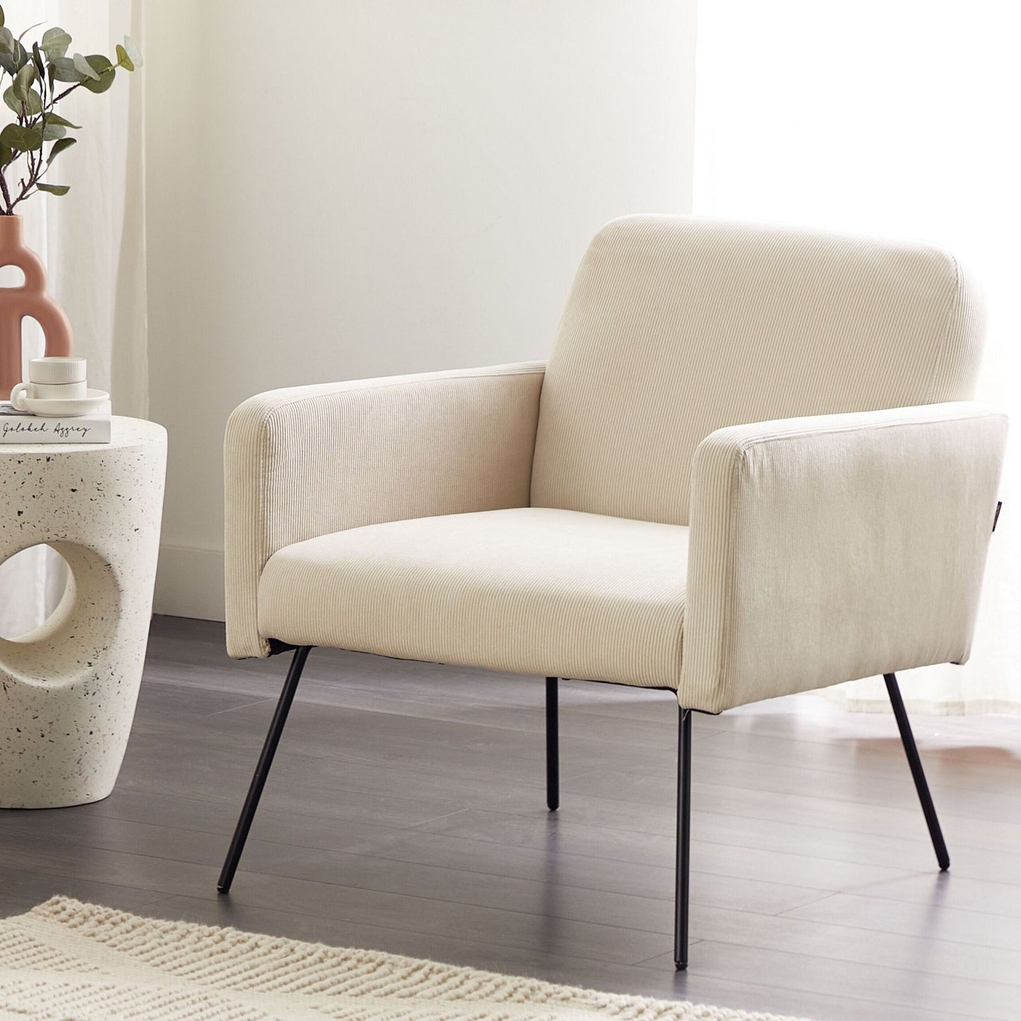 Belmont Armchair Corduroy Beige with Slender Black Metal Legs