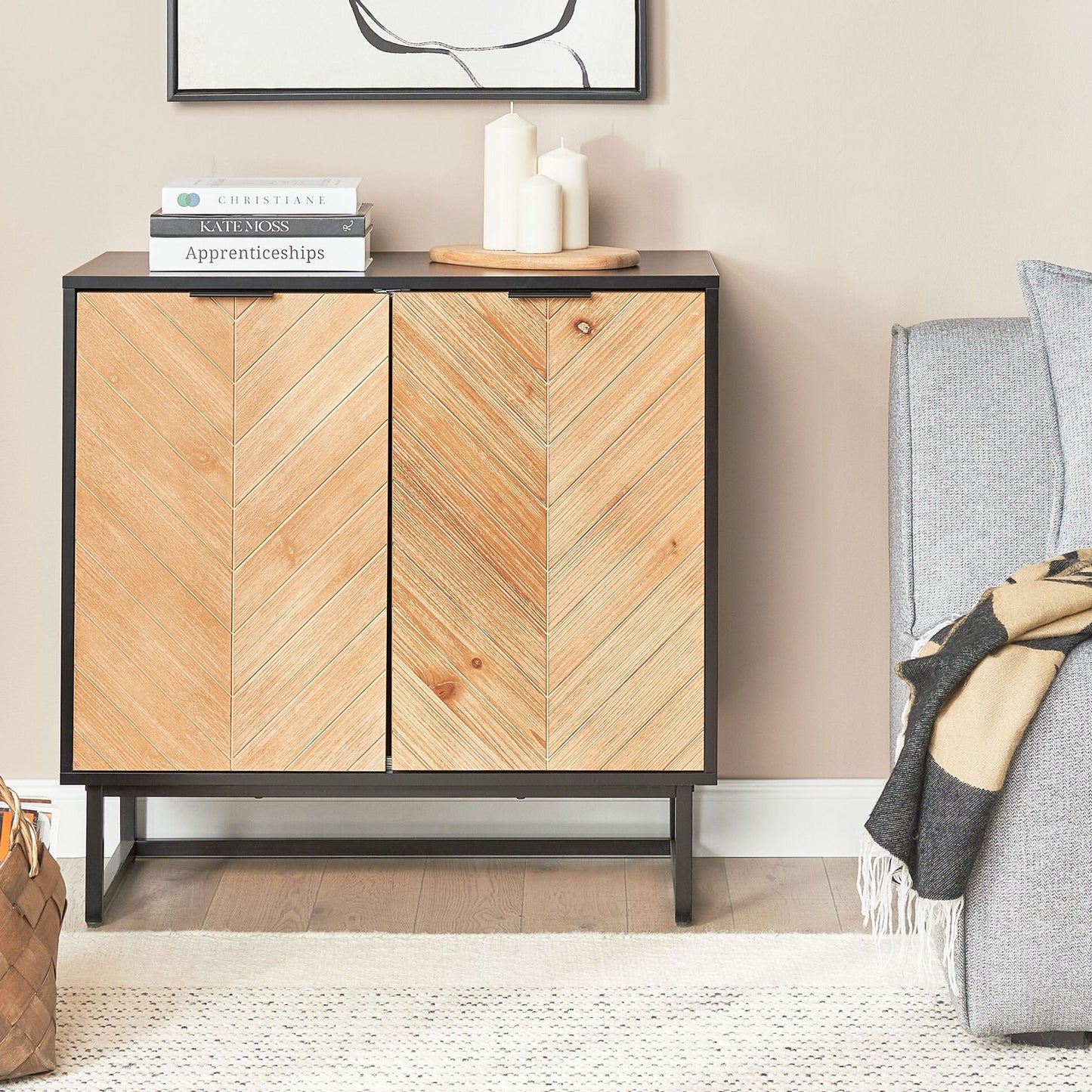 Nordic Living Sideboard Black And Light Wood 2 Door Shelves