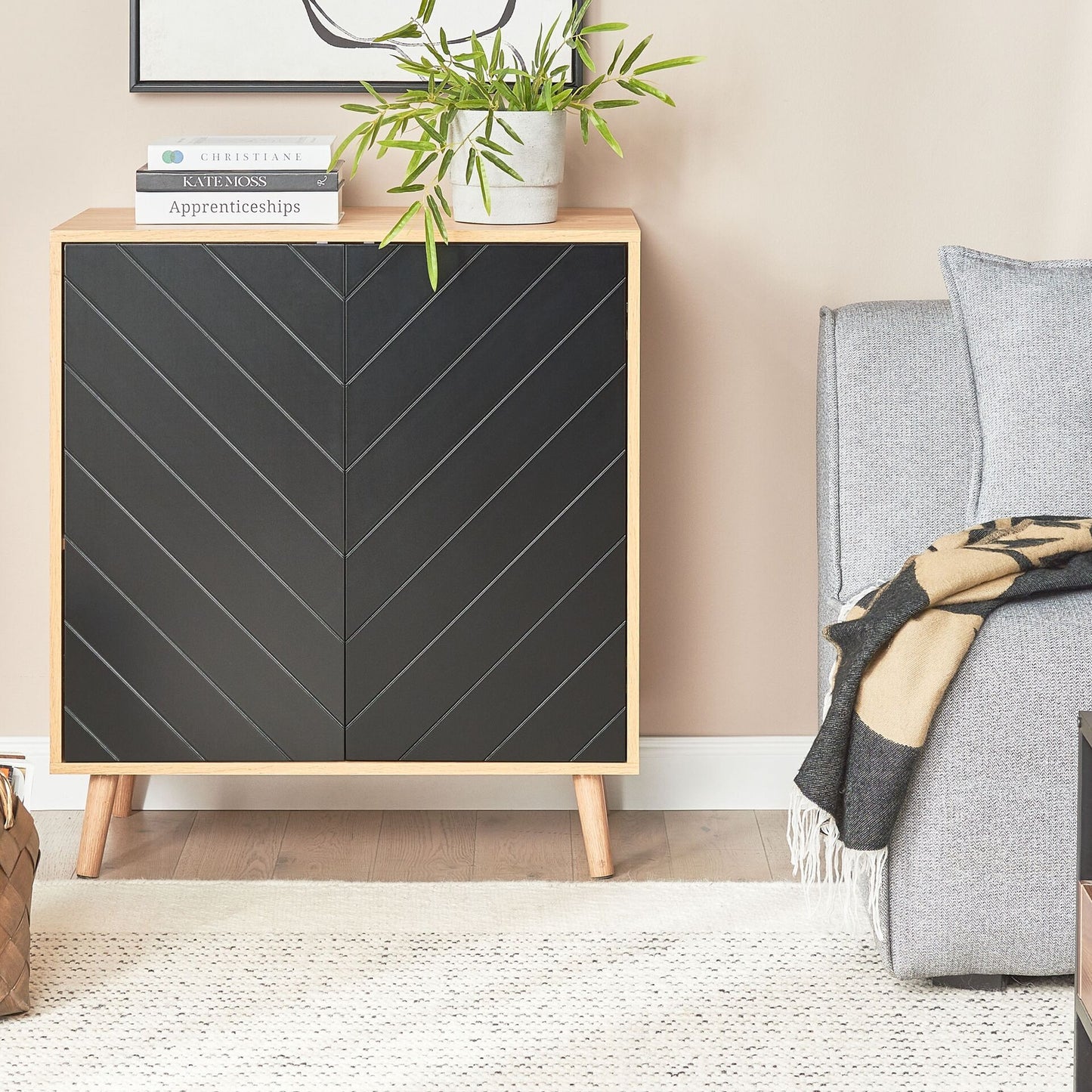 Nordic Living Sideboard Black and Light Wood 2 Door Shelves