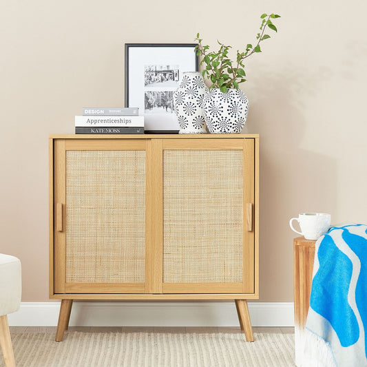 Light Brown Rattan Sideboard Two Door Storage Cabinet