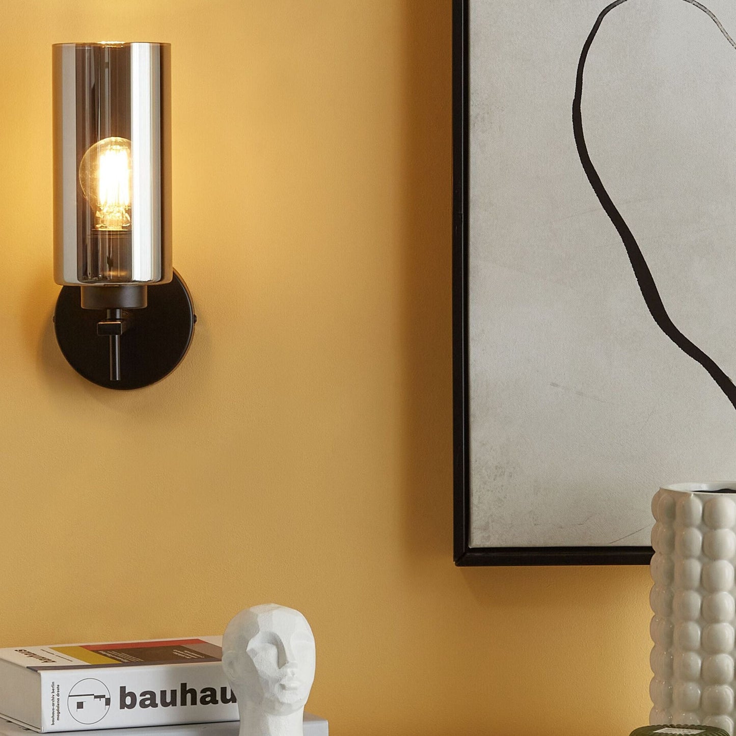 Wall Lamp Grey Black Iron Base Smoked Glass Shade Single Light
