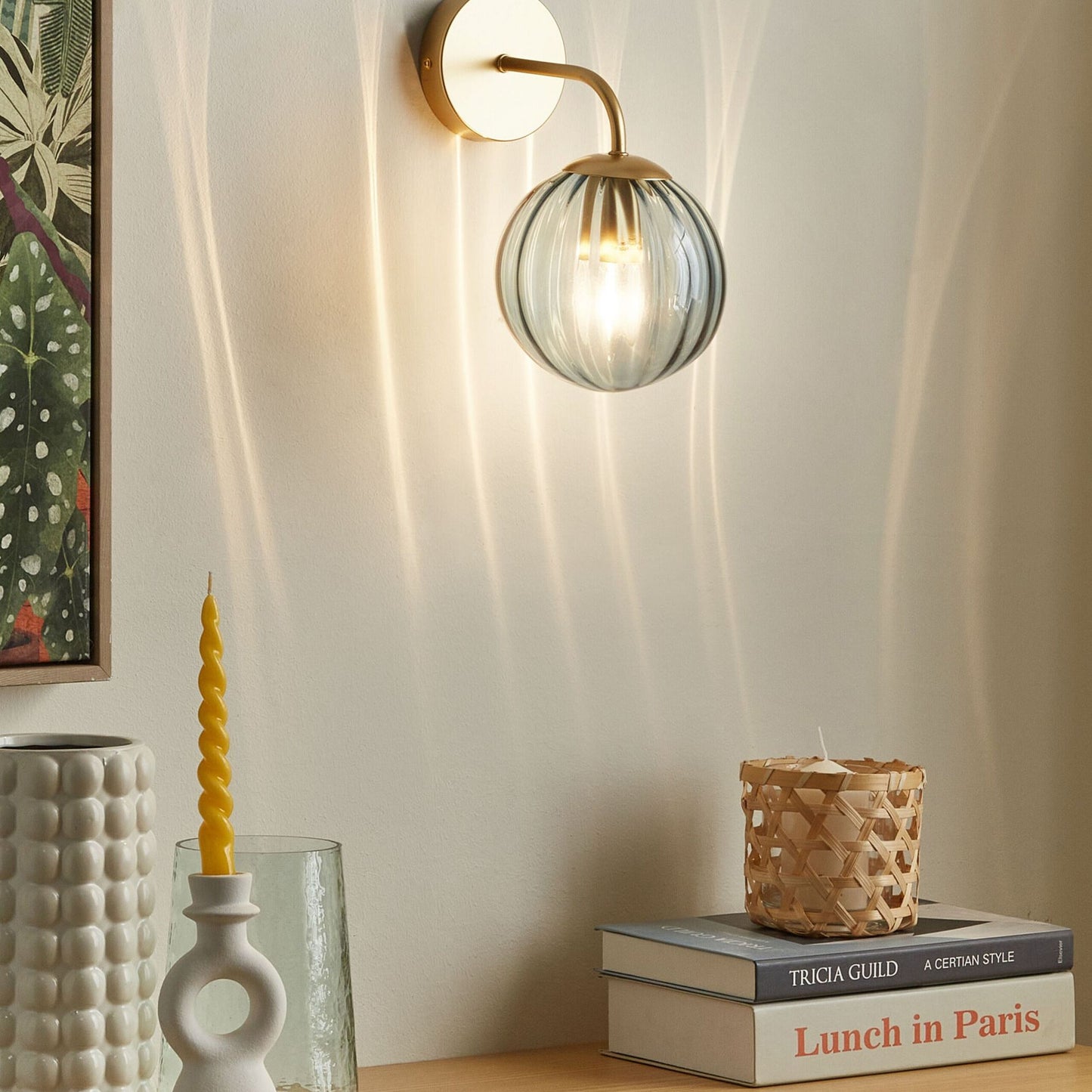 Art Deco Wall Lamp Gold and Blue Glass Globe Shade 28cm Vintage Bedroom Living Room