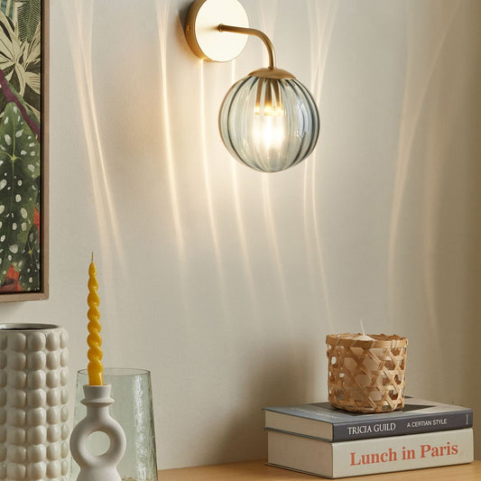 Art Deco Wall Lamp Gold and Blue Glass Globe Shade 28cm Vintage Bedroom Living Room
