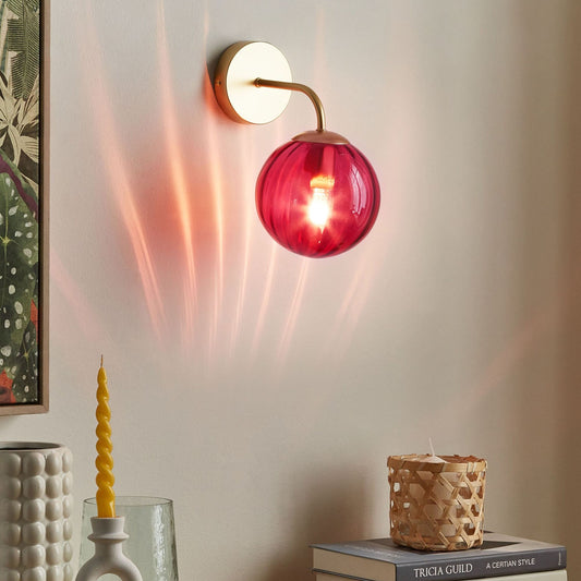 Art Deco Wall Lamp Gold Finish Burgundy Glass Globe 28cm