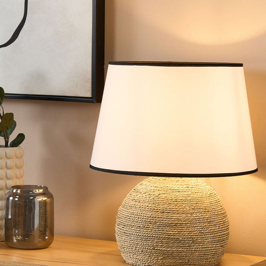 Table Lamp With Braided Natural Rope Base And White Shade