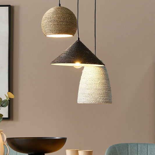 Pendant Lamp Multicolor Boho Iron Straw Rope 3 Light