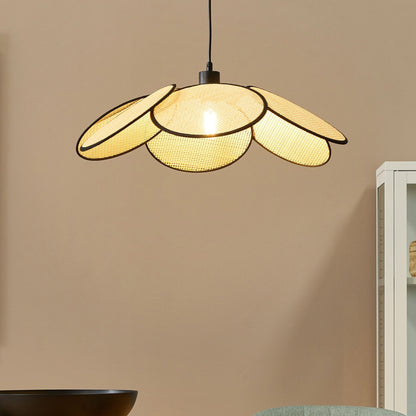 Natural Paper Rattan Pendant Lamp In Black Metal Finish Bohemian Living Room Light