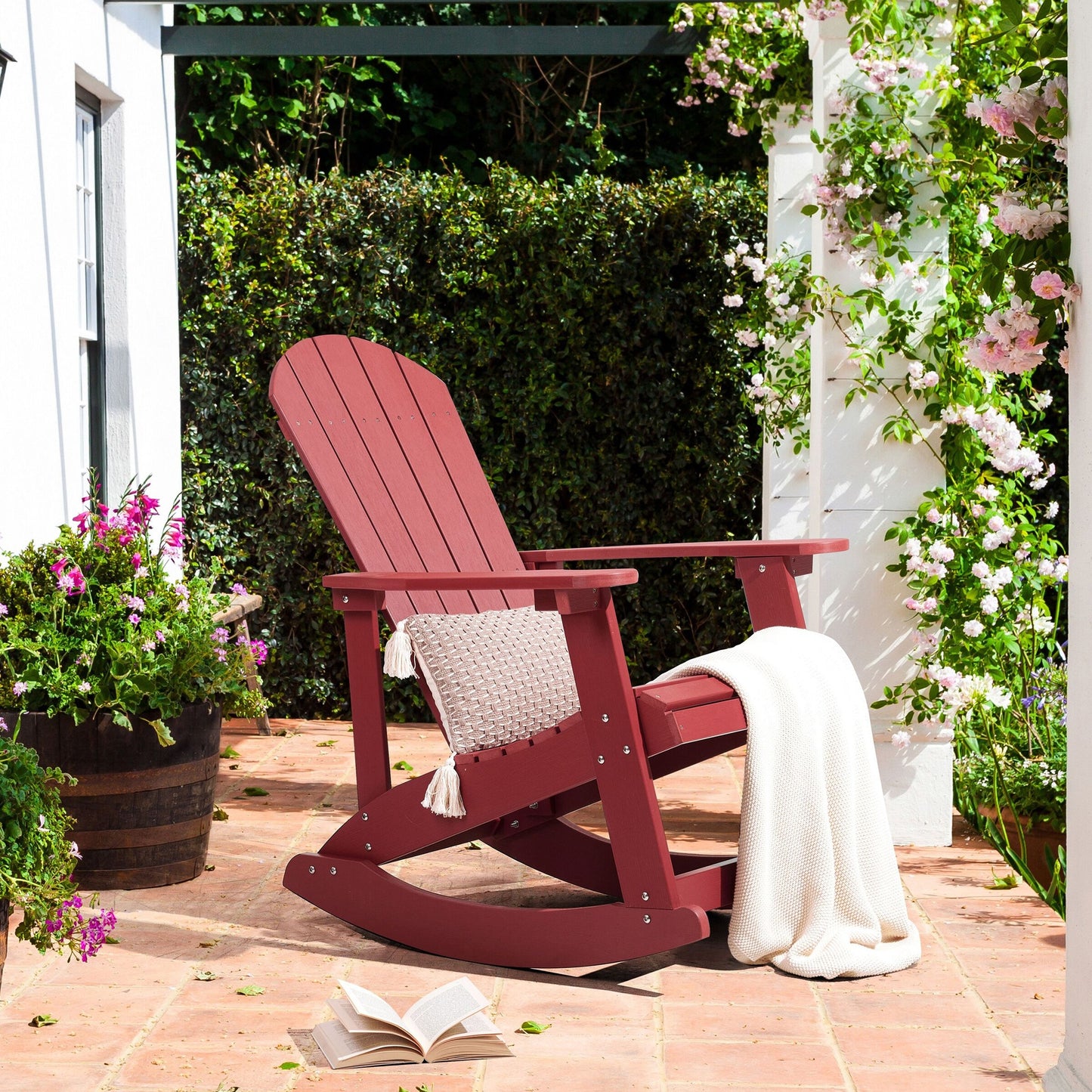 Garden Rocking Chair Red Plastic Wood Slatted Classic Design