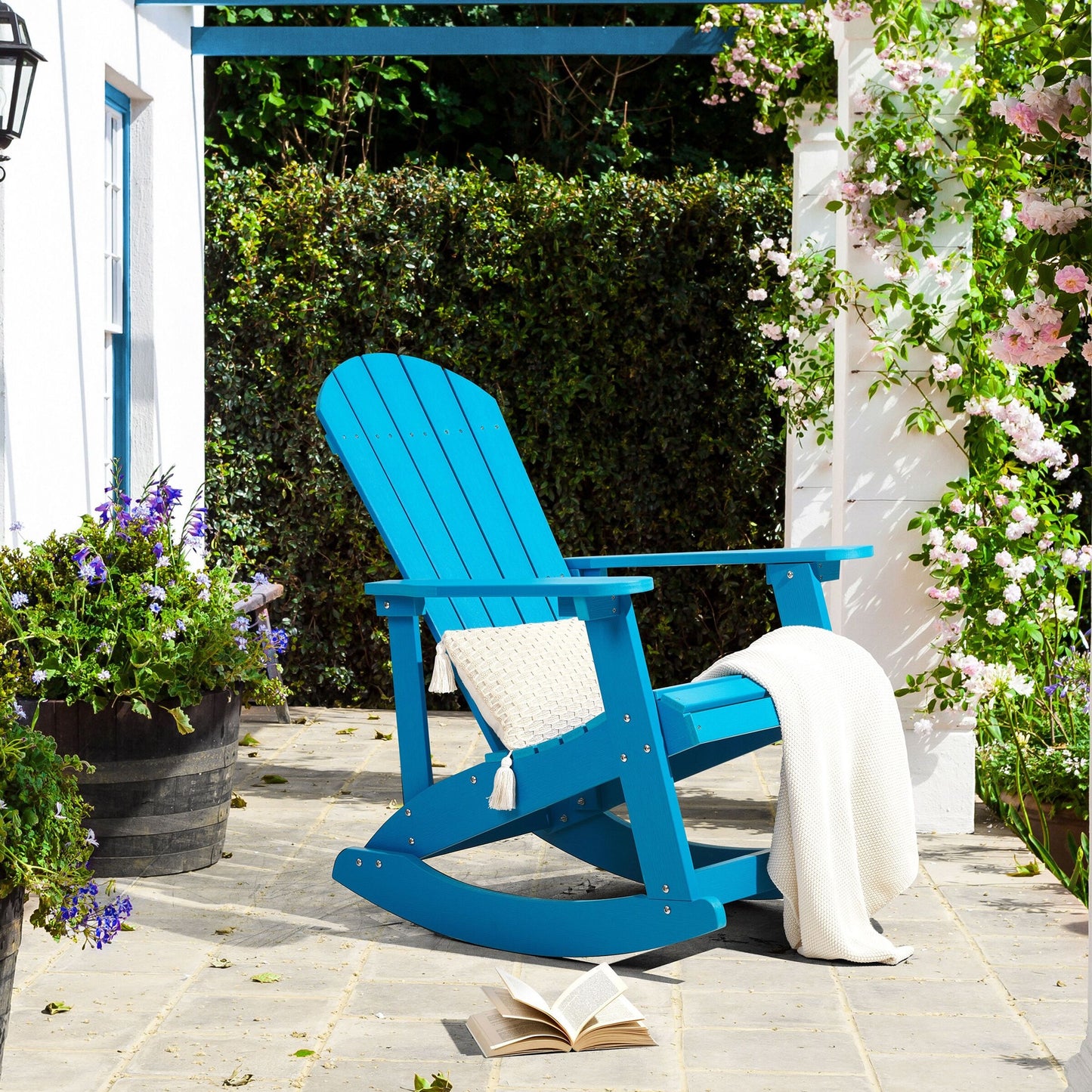 Garden Rocking Chair Blue Faux Wood Slatted Outdoor
