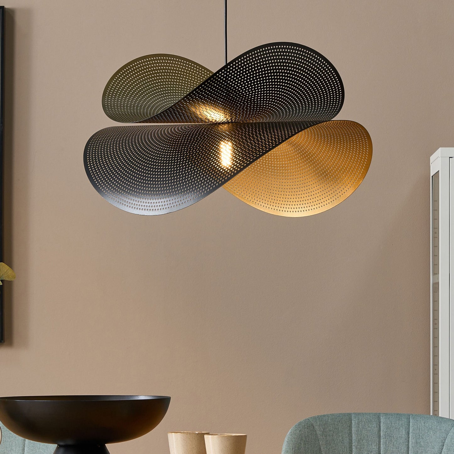 Lighting Pendant Lamp Black And Gold Perforated Curved Shade