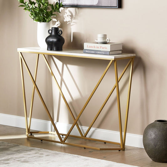LuxeLine Console Table White Marble Effect With Gold Frame 100x30