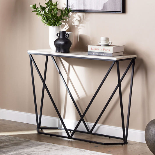 LuxeLine Console Table White Marble Effect Black Iron Legs 100x30