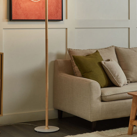Floor Lamp White Shade Oak Wood Frame Minimalist