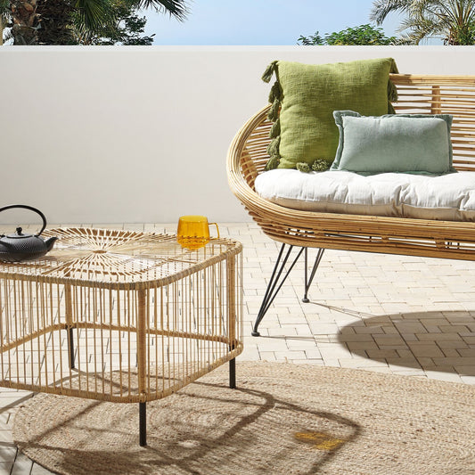Outdoor Coffee Table 67 x 67cm Natural Rattan Powder Coated UV Weather Resistant Handmade Boho Style