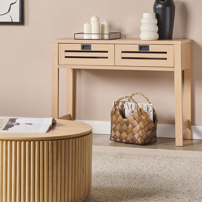Console Table Light Brown Manufactured Wood 100 by 32cm With Two Drawers Black Handles Boho Modern