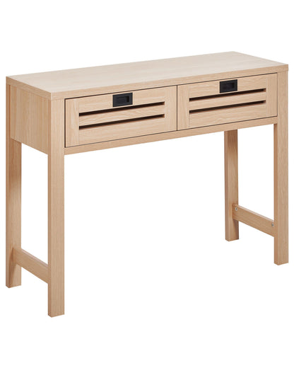 Console Table Light Brown Manufactured Wood 100 by 32cm With Two Drawers Black Handles Boho Modern
