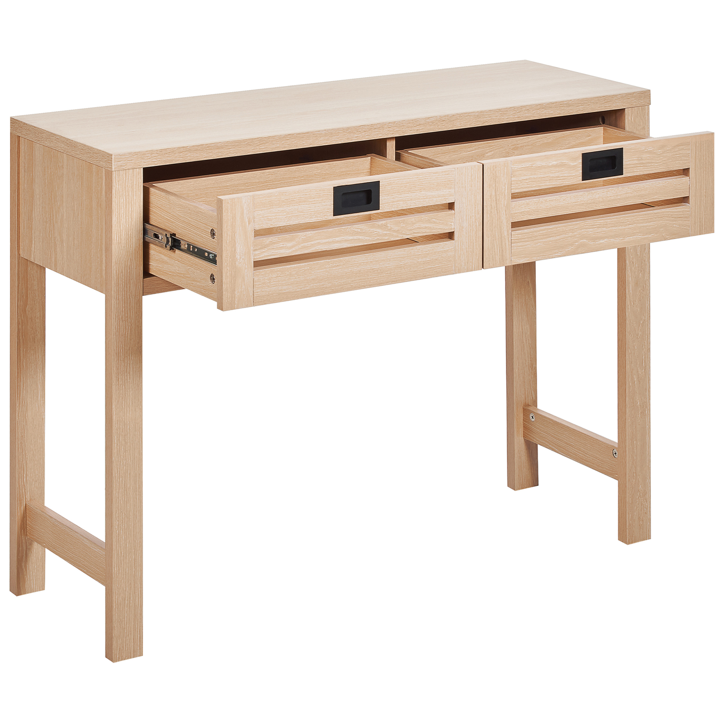 Console Table Light Brown Manufactured Wood 100 by 32cm With Two Drawers Black Handles Boho Modern