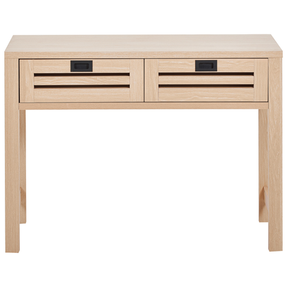 Console Table Light Brown Manufactured Wood 100 by 32cm With Two Drawers Black Handles Boho Modern