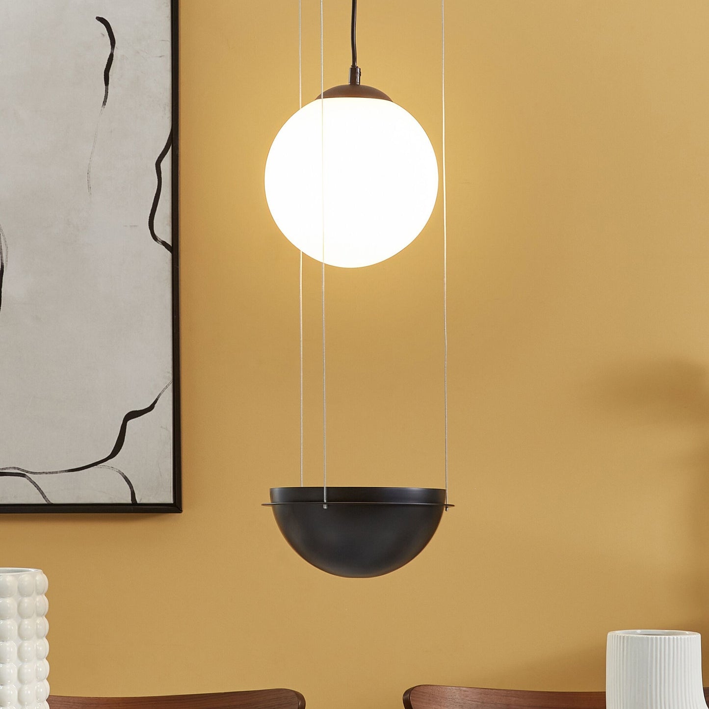 Pendant Lamp Black Glass Shade Half Round Accent