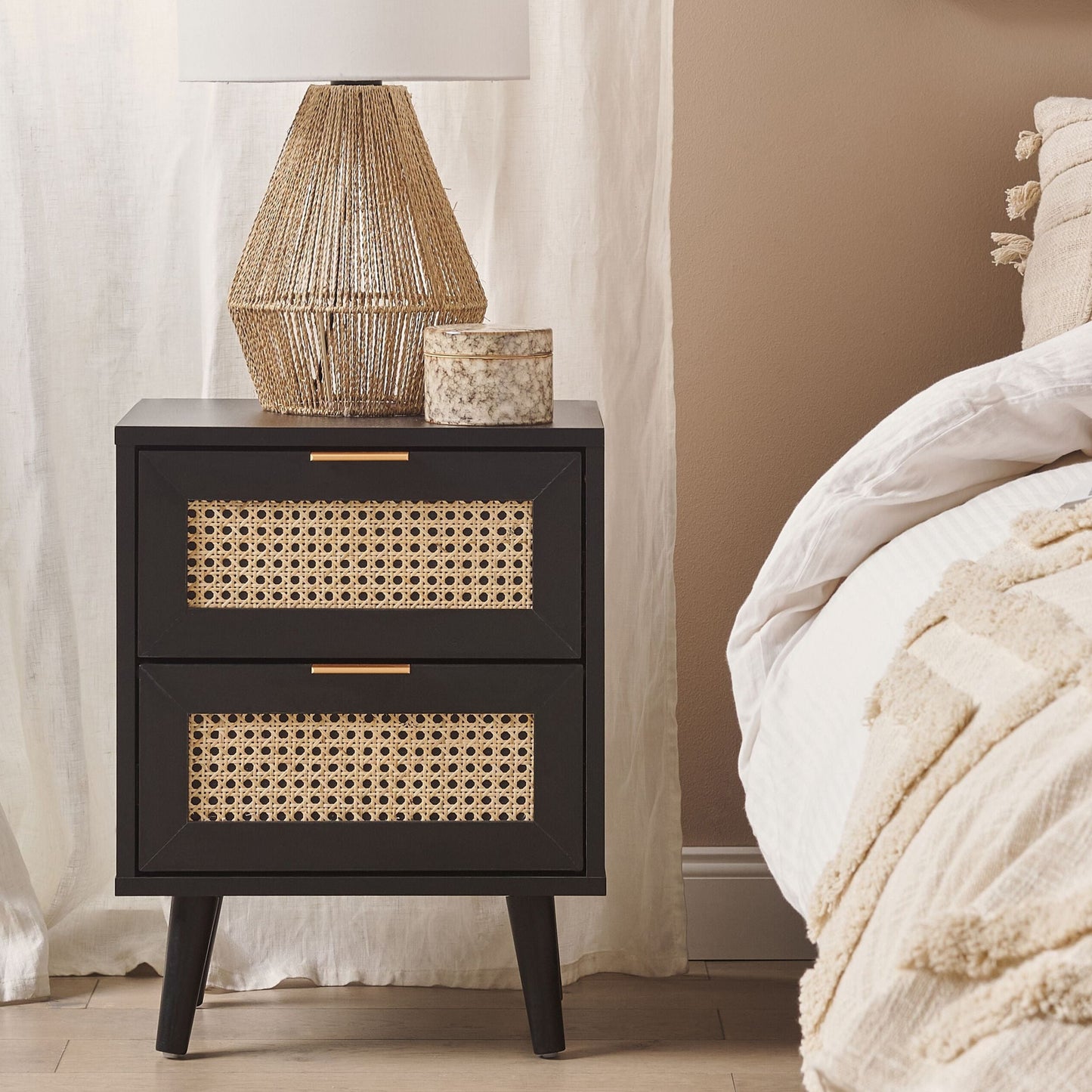 2 Drawer Bedside Table Black Rattan Front Drawers Nightstand