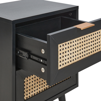 2 Drawer Bedside Table Black Rattan Front Drawers Nightstand