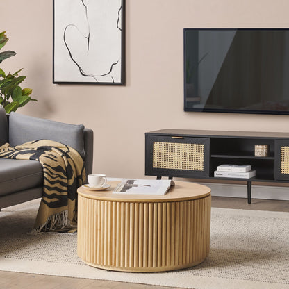 TV Stand Black Wood With Rattan Fronts 2 Cabinets