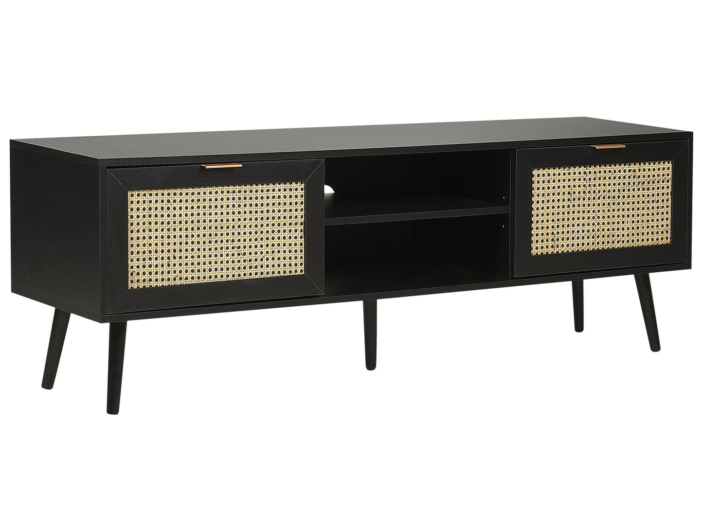 TV Stand Black Wood With Rattan Fronts 2 Cabinets