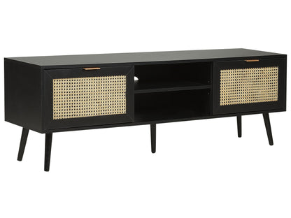 TV Stand Black Wood With Rattan Fronts 2 Cabinets