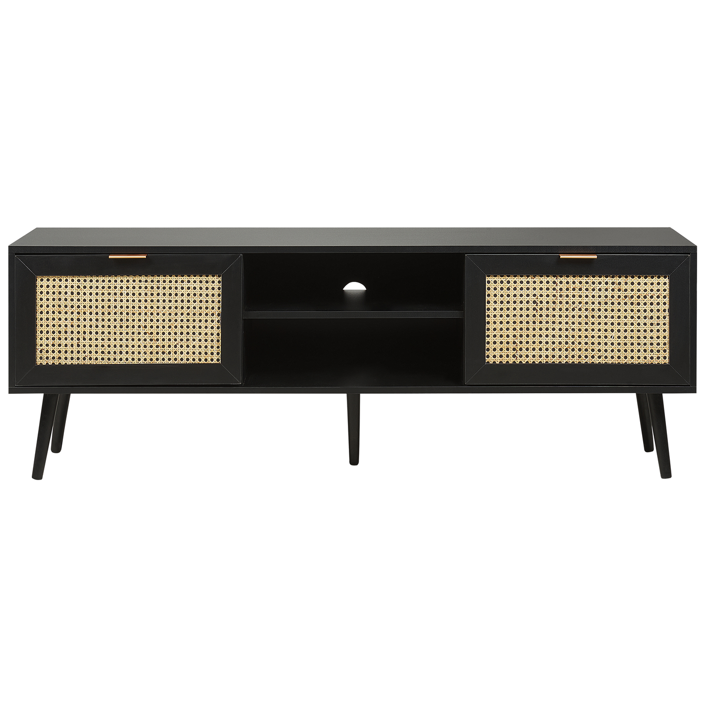 TV Stand Black Wood With Rattan Fronts 2 Cabinets