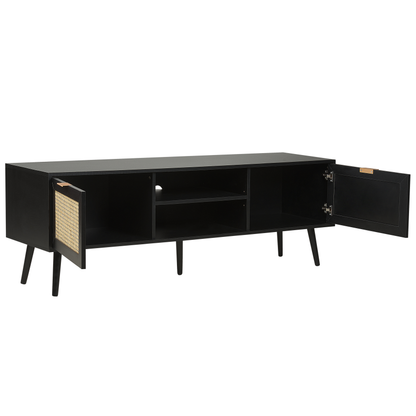 TV Stand Black Wood With Rattan Fronts 2 Cabinets