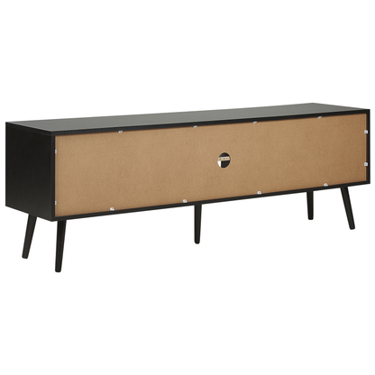 TV Stand Black Wood With Rattan Fronts 2 Cabinets