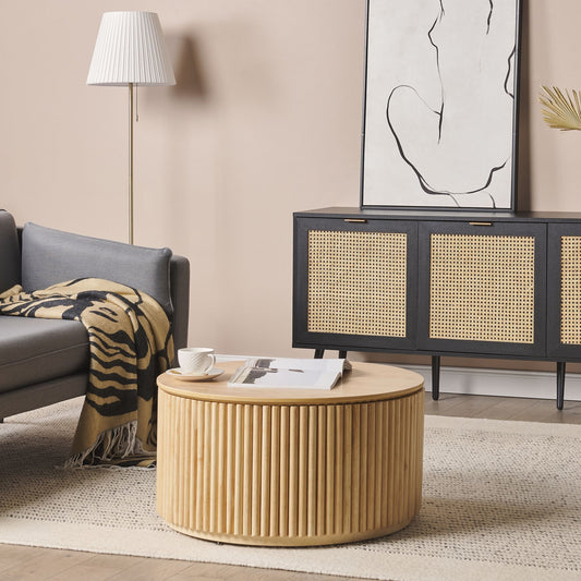 3 Door Sideboard Black With Rattan Front Rubberwood Legs