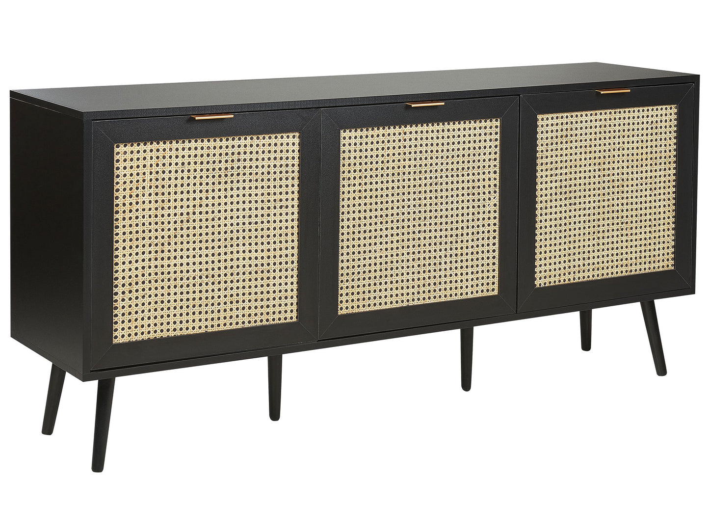3 Door Sideboard Black With Rattan Front Rubberwood Legs