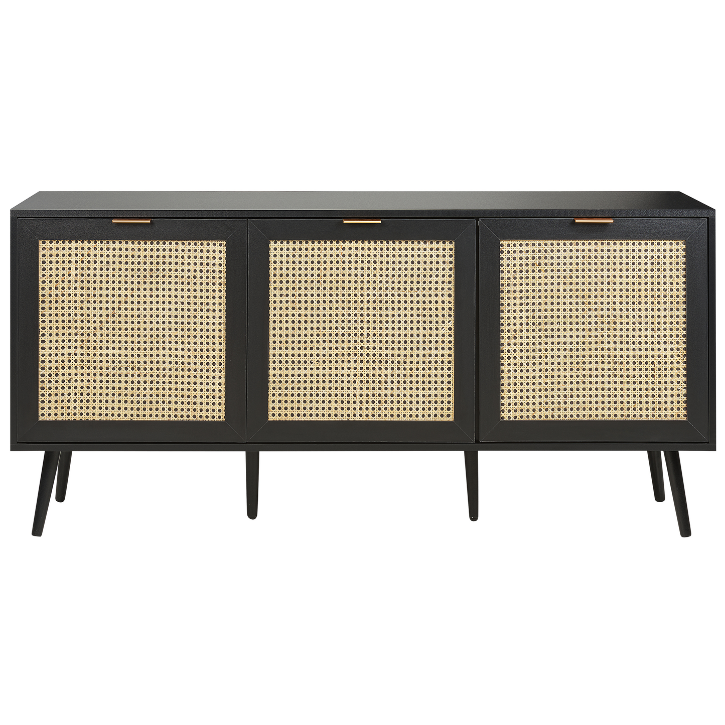 3 Door Sideboard Black With Rattan Front Rubberwood Legs