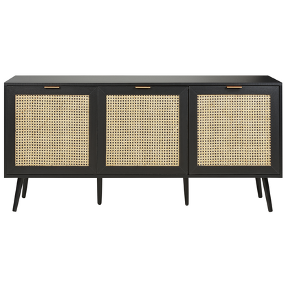 3 Door Sideboard Black With Rattan Front Rubberwood Legs
