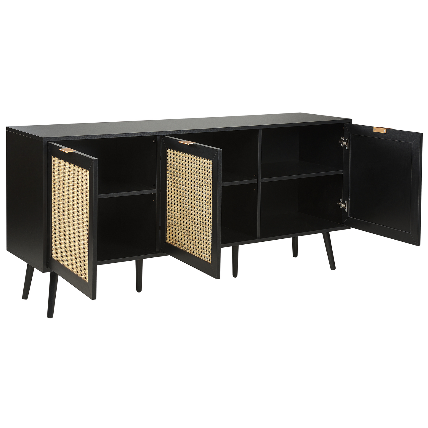 3 Door Sideboard Black With Rattan Front Rubberwood Legs