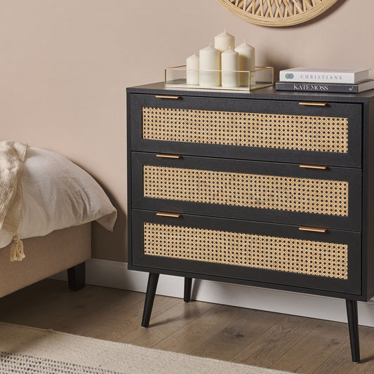 Rattan 3 Drawer Chest Black With Rubberwood Legs