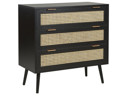 Rattan 3 Drawer Chest Black With Rubberwood Legs