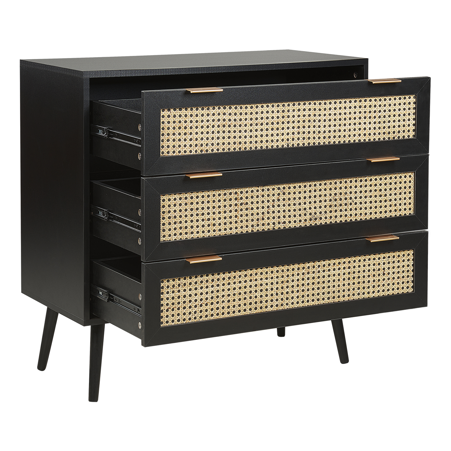 Rattan 3 Drawer Chest Black With Rubberwood Legs
