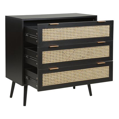 Rattan 3 Drawer Chest Black With Rubberwood Legs