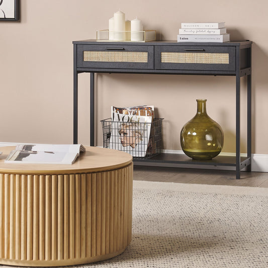 Boho Design Console Table Black Rubberwood 100 x 30 Two Drawers