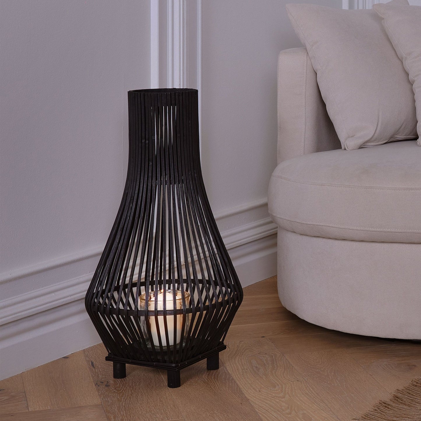 Candle Lantern Black Bamboo Wood 38cm With Glass Floor Insert Boho Indoor