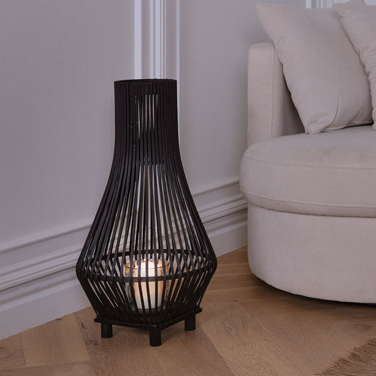 Candle Lantern Black Bamboo Wood 38cm With Glass Floor Insert Boho Indoor