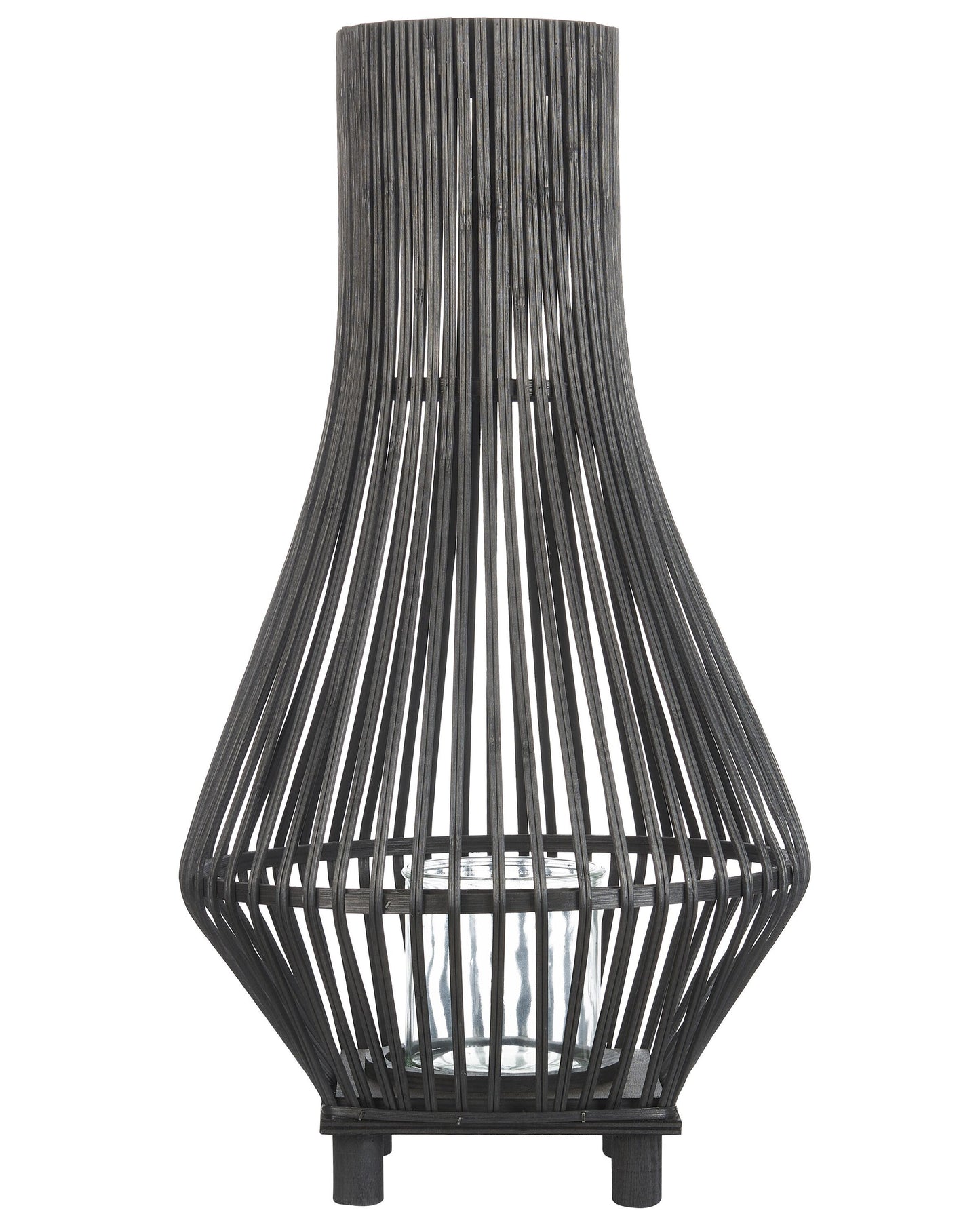 Candle Lantern Black Bamboo Wood 38cm With Glass Floor Insert Boho Indoor