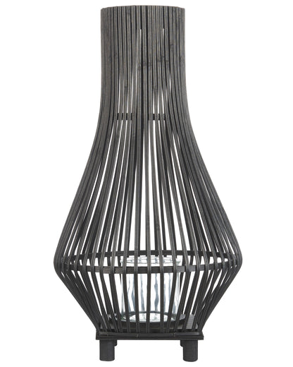 Candle Lantern Black Bamboo Wood 38cm With Glass Floor Insert Boho Indoor