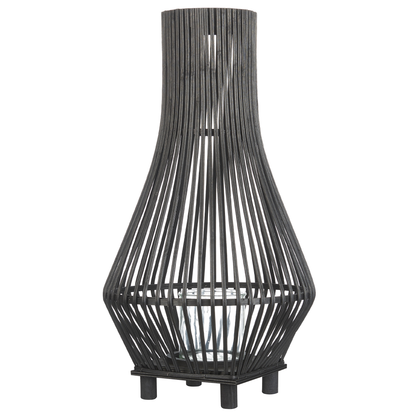 Candle Lantern Black Bamboo Wood 38cm With Glass Floor Insert Boho Indoor