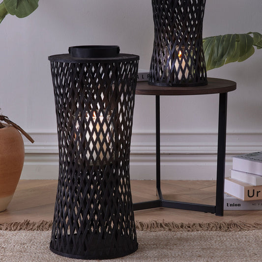 Black Bamboo Wood Candle Lantern 58 Centimeters With Glass Holder For Indoor Decor