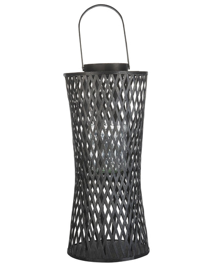 Black Bamboo Wood Candle Lantern 58 Centimeters With Glass Holder For Indoor Decor
